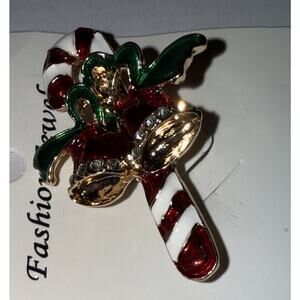 NWT Enamel Red/White Stripes Gold tone Candy Cane & Bells Brooch / Pin